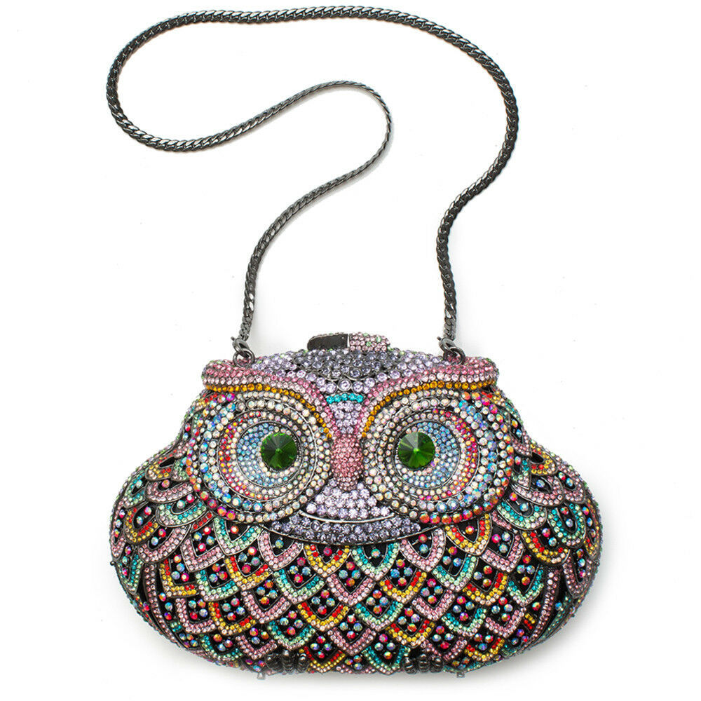 Owl Hoot Multi Color Minaudiere Evening Bag Handbag Crystal Evening Bead NEW
